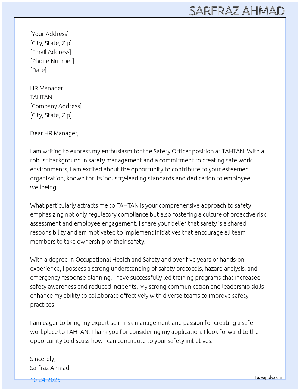 Safety Officer At TAHTAN Cover Letter