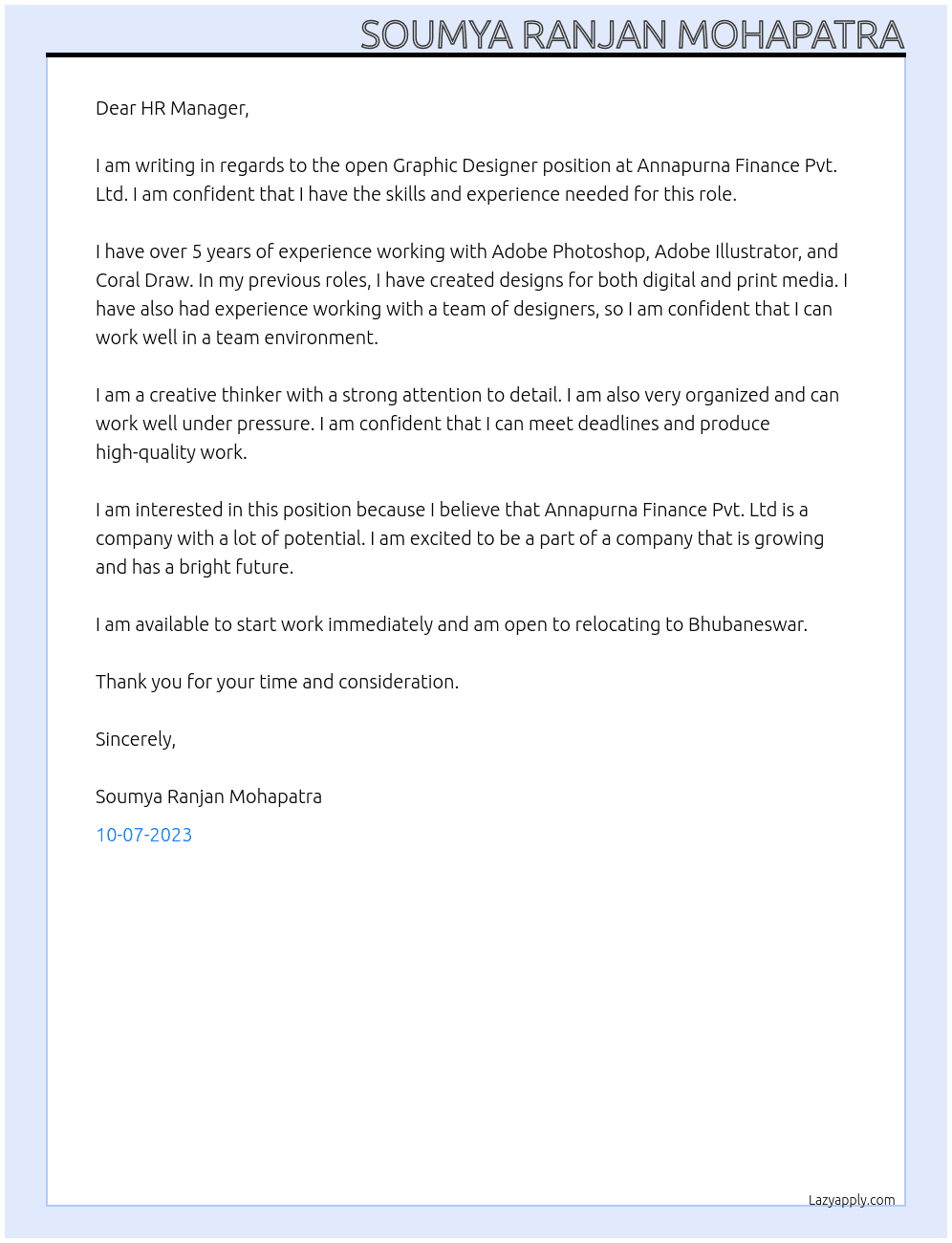 Graphic Designer At Annapurna Finance Pvt. Ltd Cover Letter