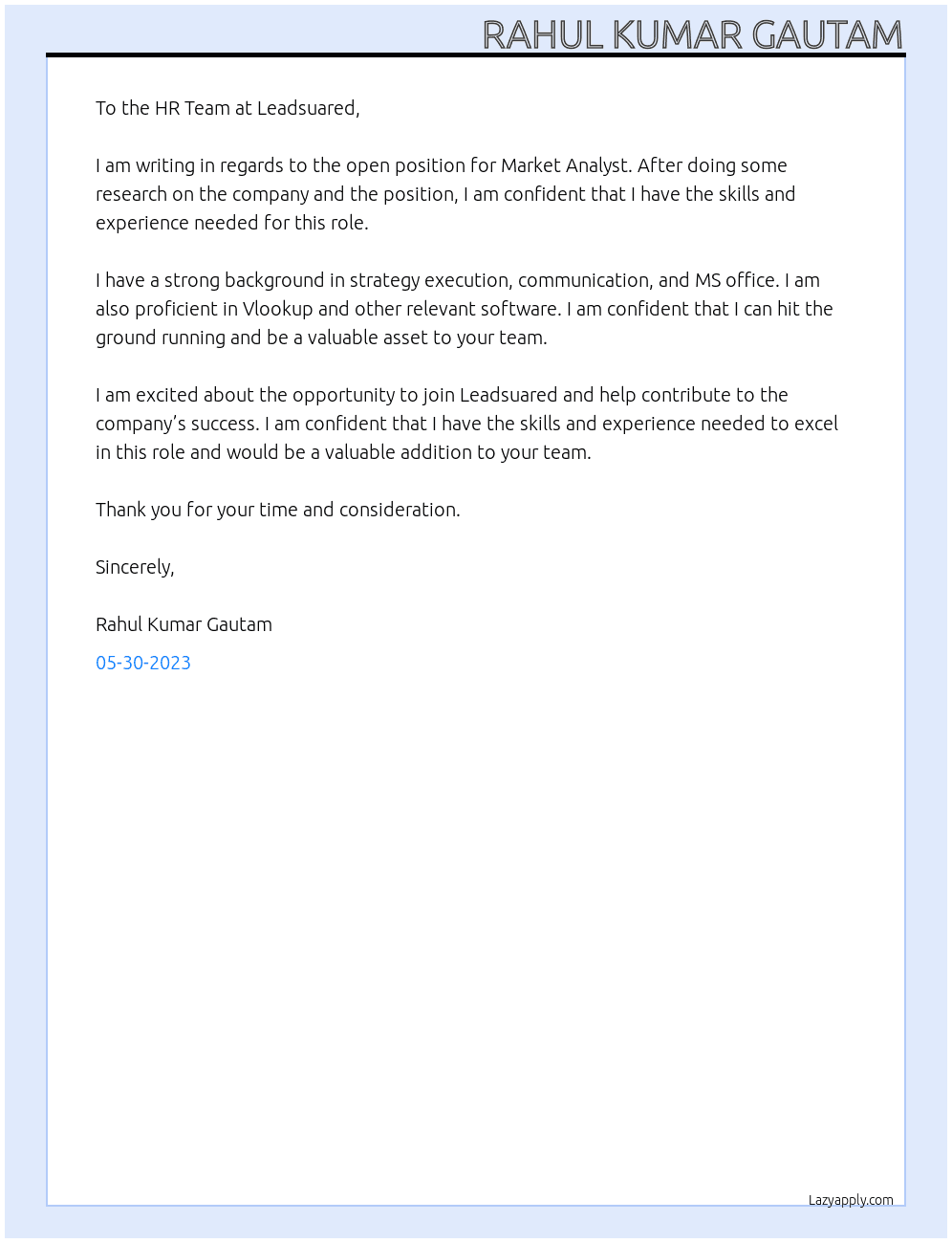 Market Analyst  At Leadsuared Cover Letter