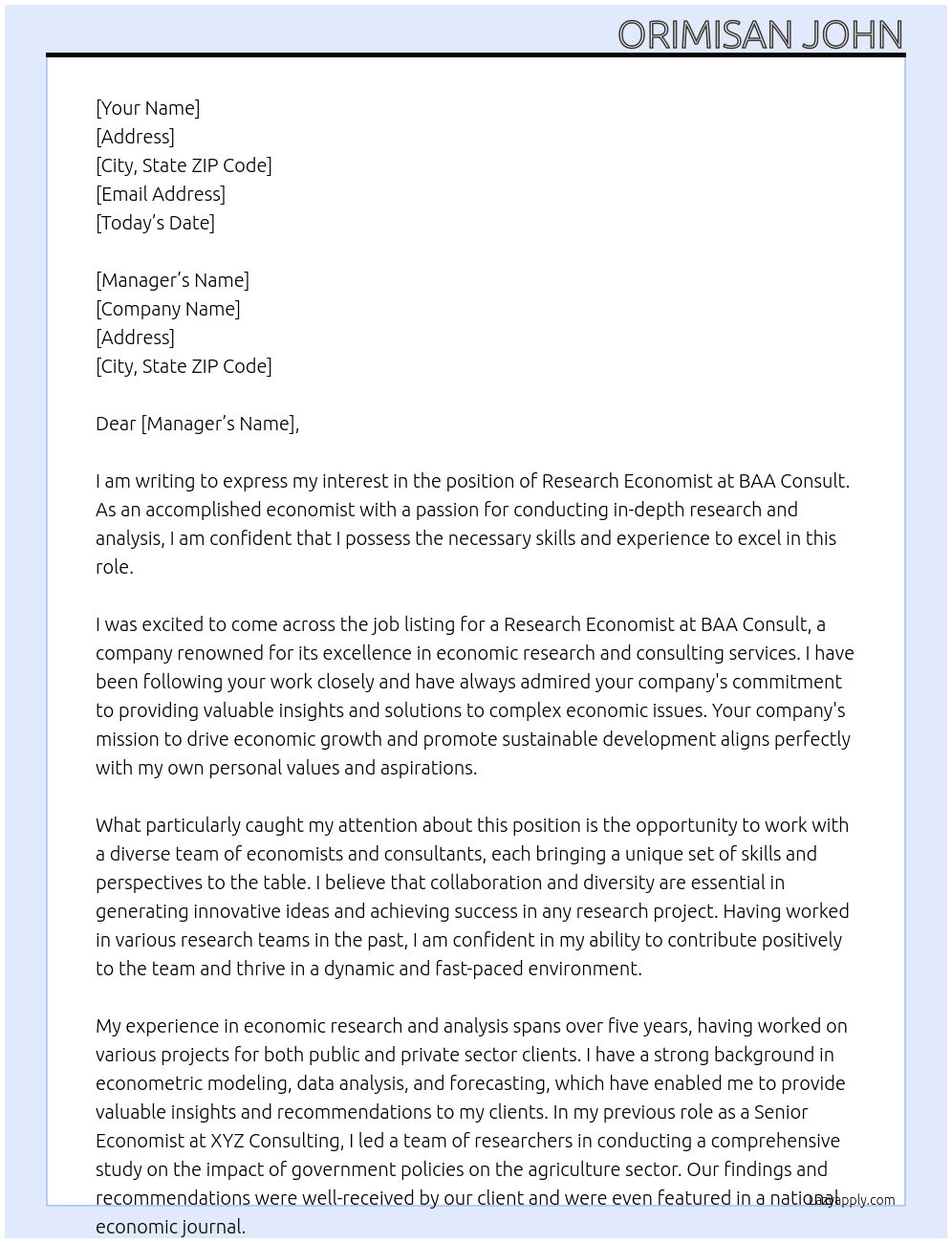 RESEARCH ECONOMIST At BAA CONSULT Cover Letter