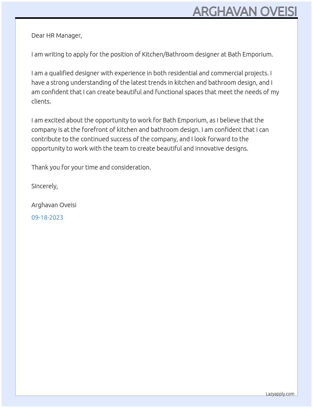 Kitchen/Bathroom designer At Bath Emporium Cover Letter