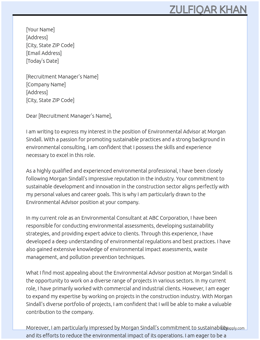 Environmental Advisor At Morgan Sindall Cover Letter
