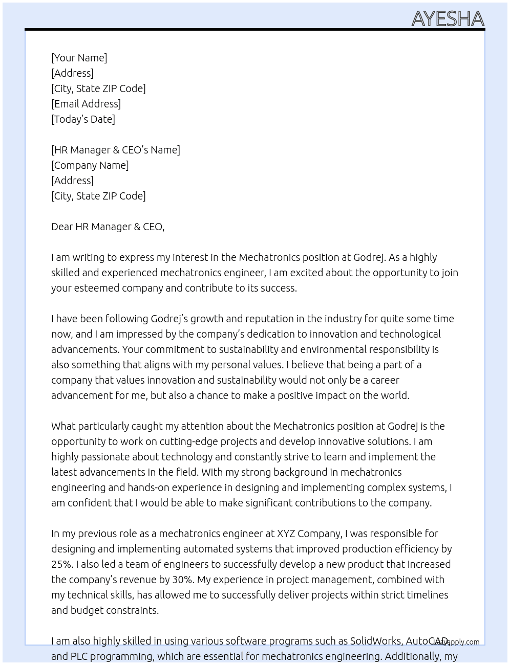 Mechatronics At Godrej Cover Letter