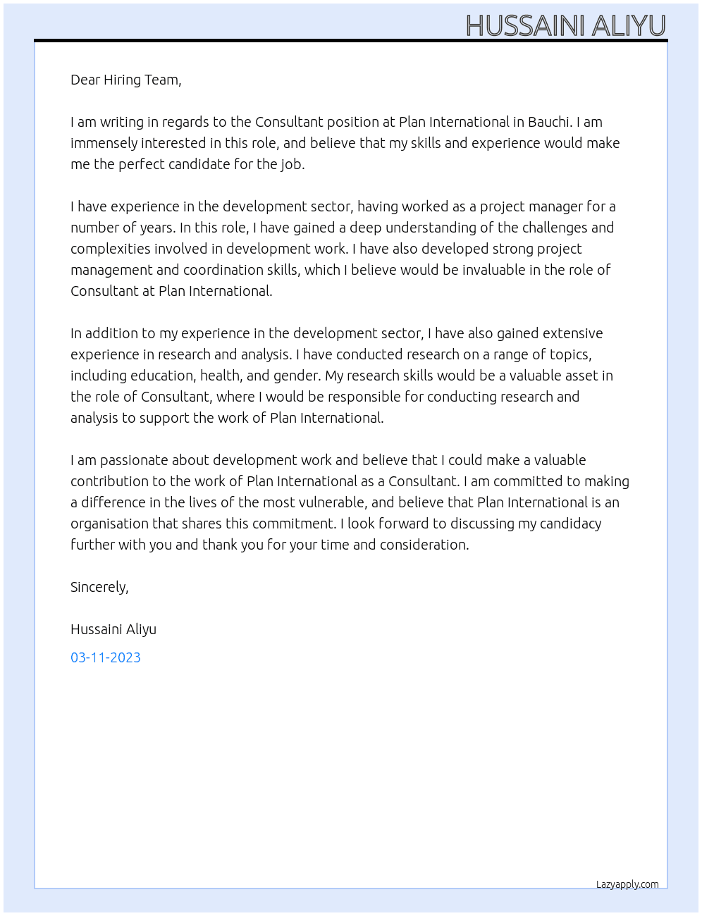 Consultant At Plan International, Bauchi Cover Letter