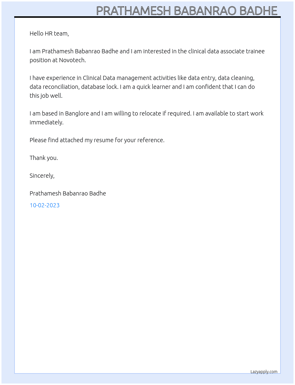 clinical data associated trainee At Novotech Cover Letter