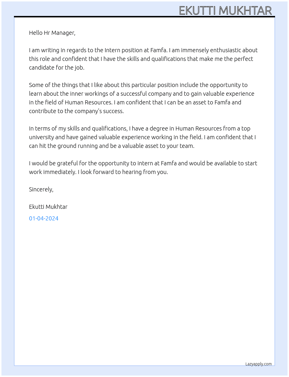 INTERN At Famfa Cover Letter