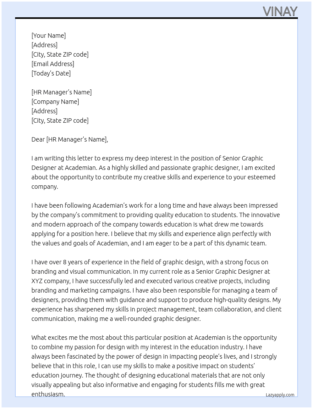 Senior Graphic designer At Academian Cover Letter