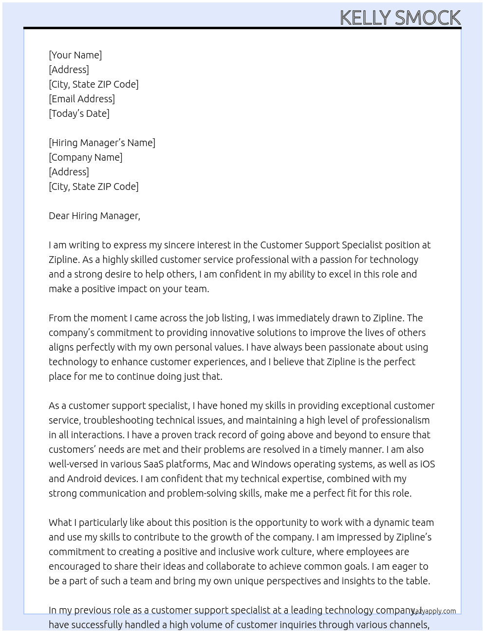 Customer Support Specialist At Zipline Cover Letter
