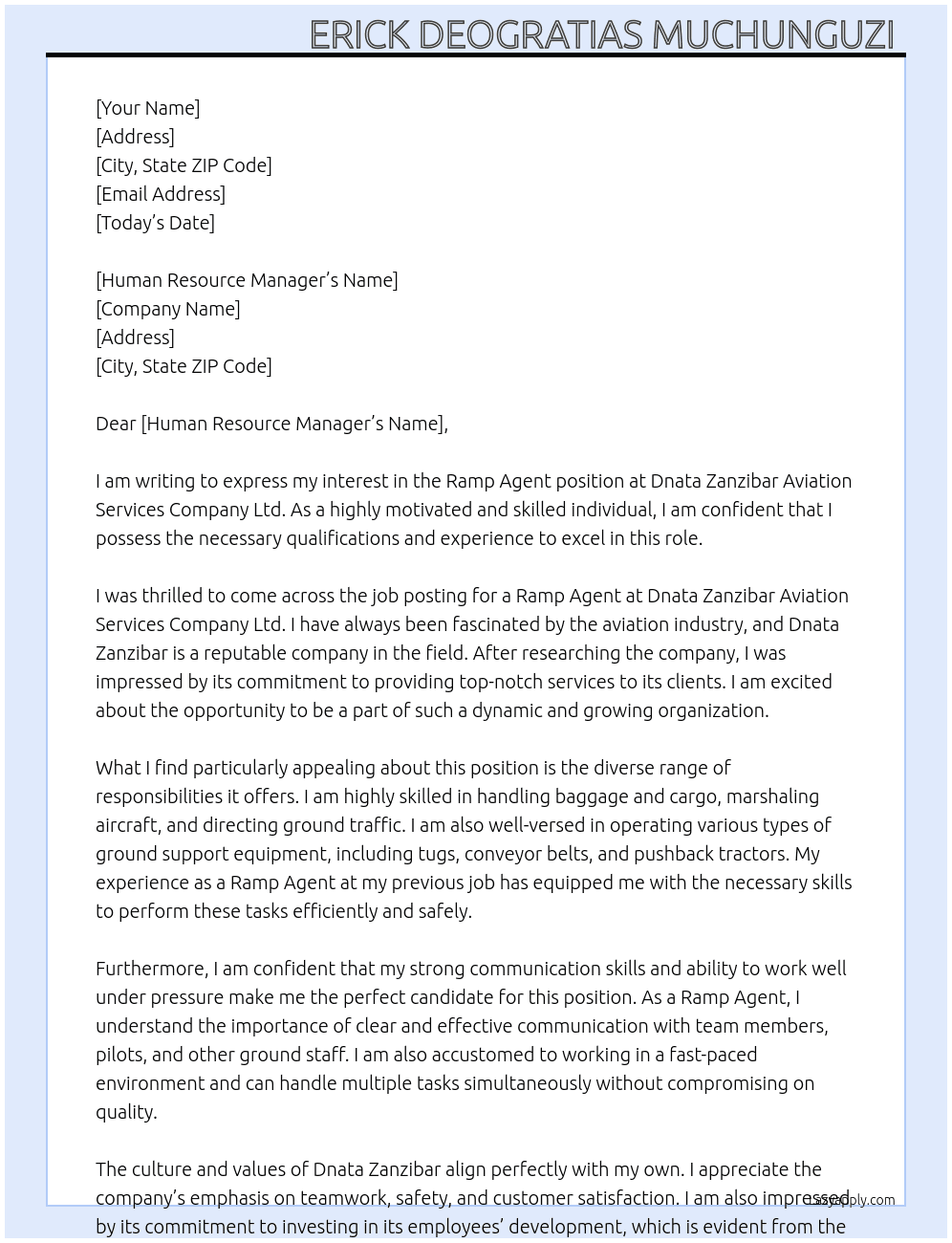 Ramp agent At Dnata Zanzibar Aviation Services Company Ltd  Cover Letter