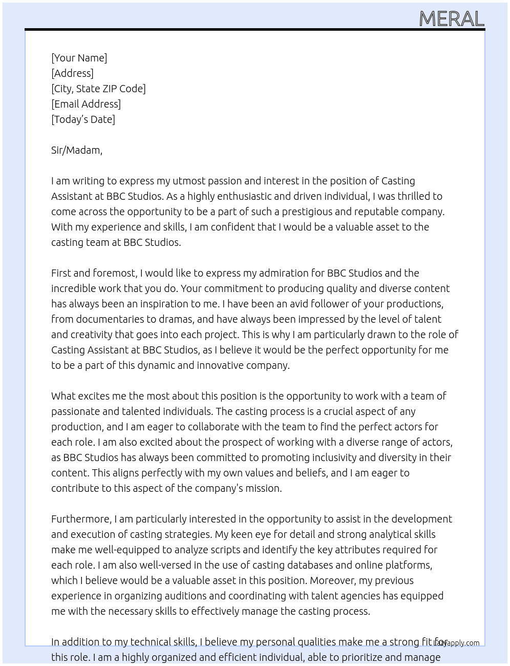 Casting Assistant At BBC Studios Cover Letter