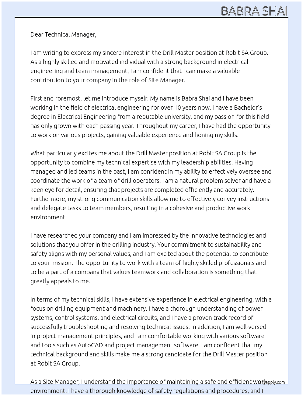 Drill master At Robit SA Group Cover Letter