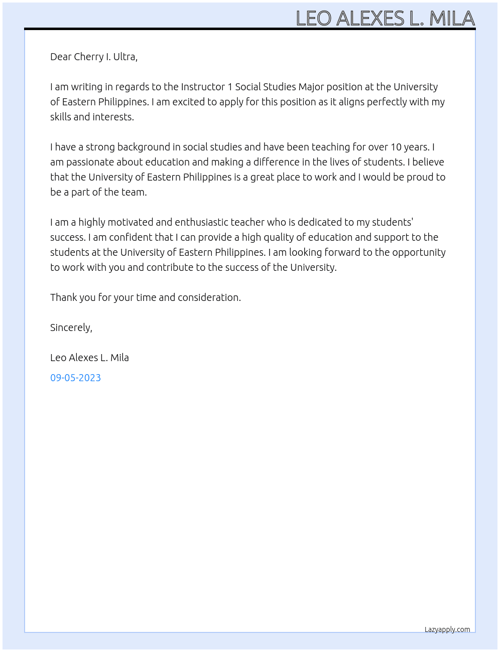Instructor 1 Social studies major At UNIVERSITY OF EASTERN PHILIPPINES  Cover Letter