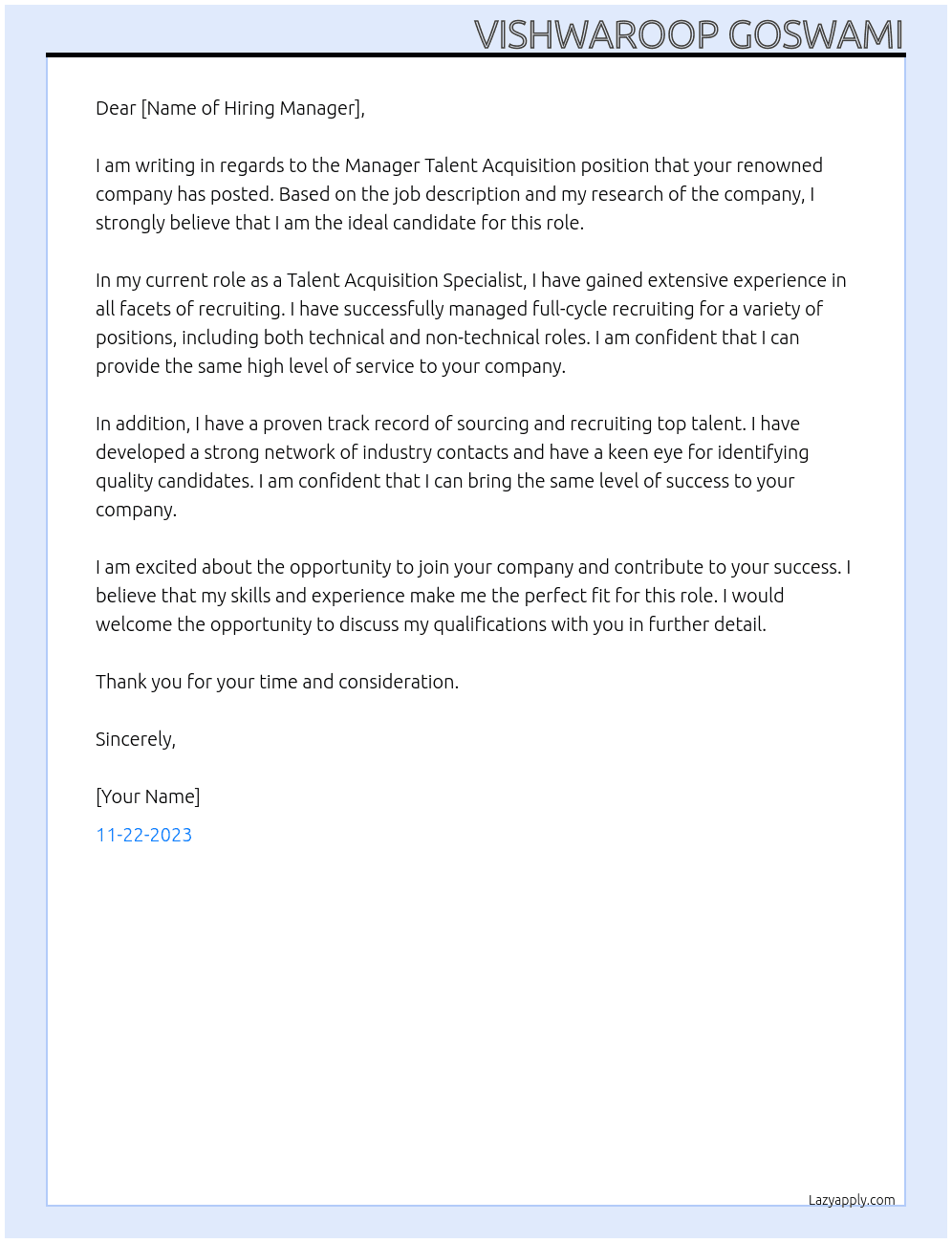Manager Talent Acqusition At Your renowned client Cover Letter