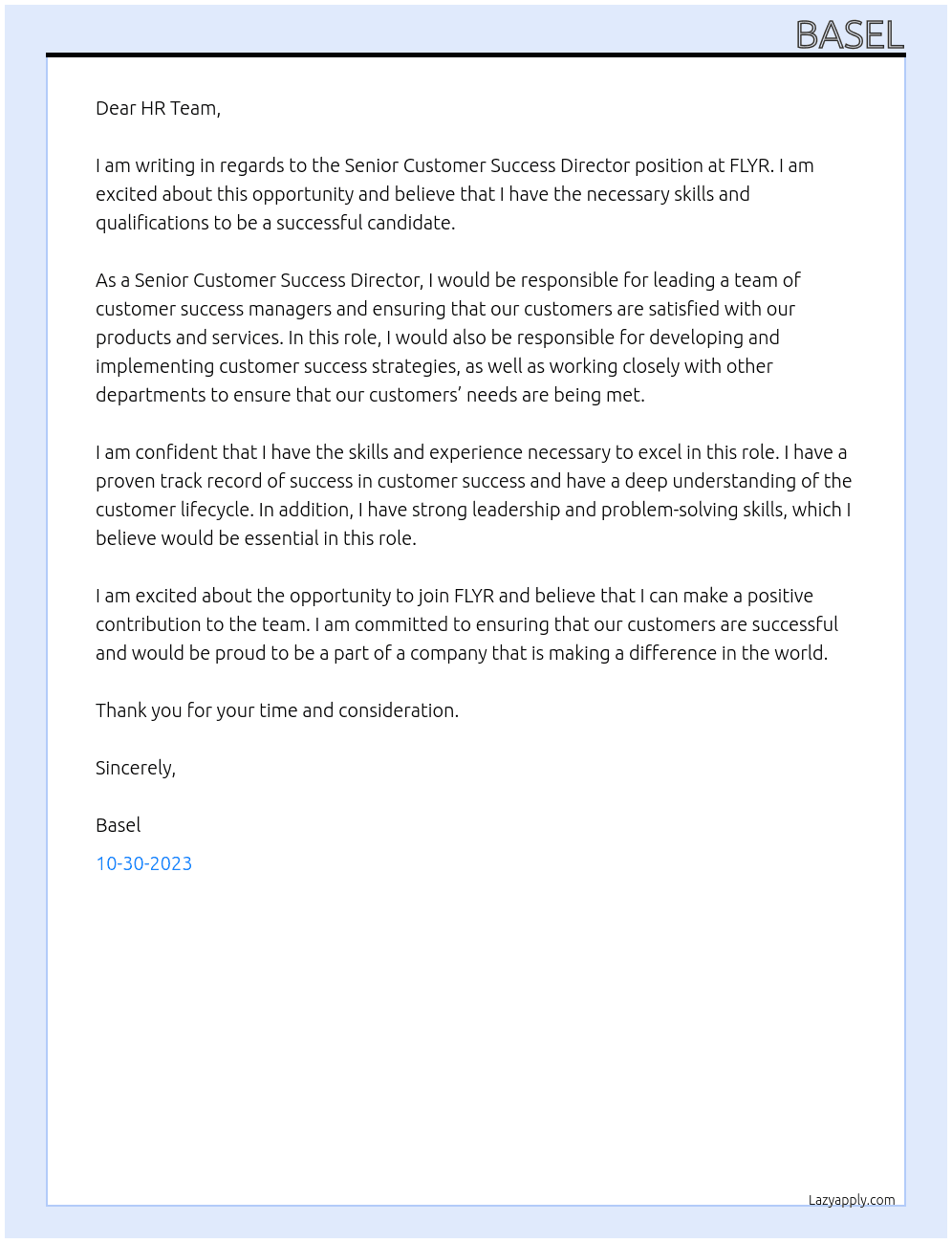 Senior Customer Success Director At FLYR Cover Letter