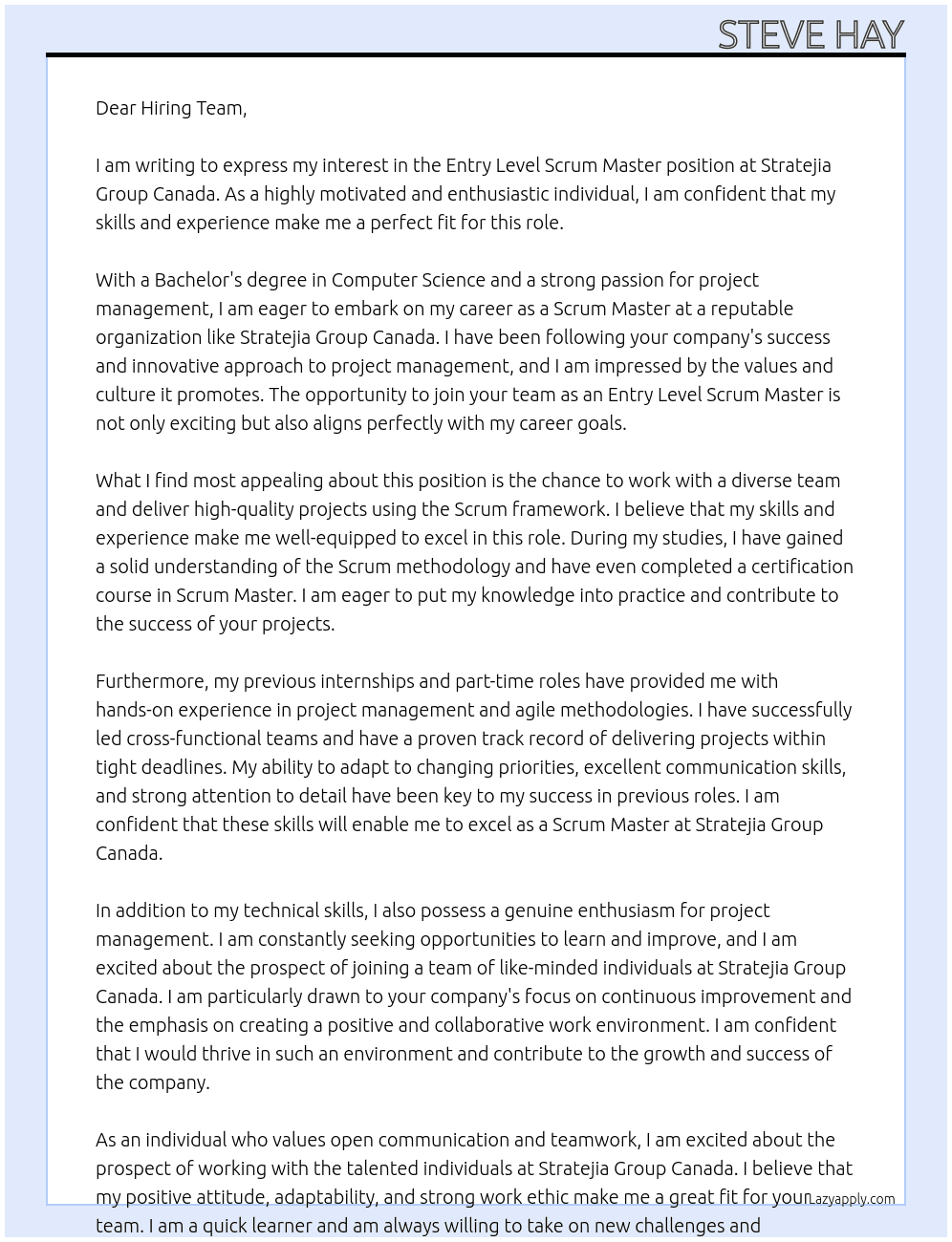 Entry Level Scrum Master At Stratejia Group Canada Cover Letter