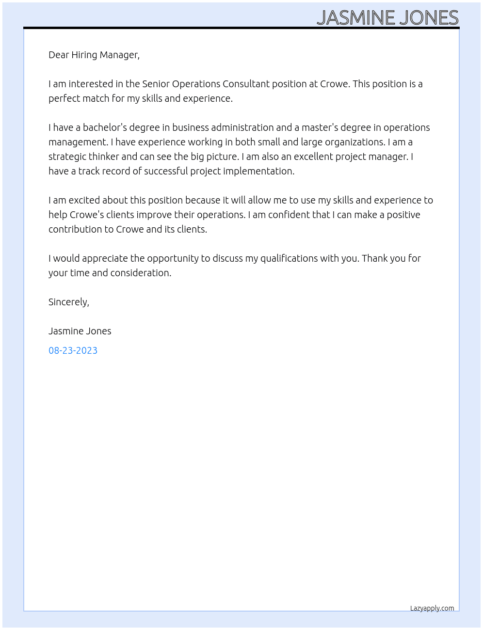 Senior Operations Consultant At Crowe Cover Letter