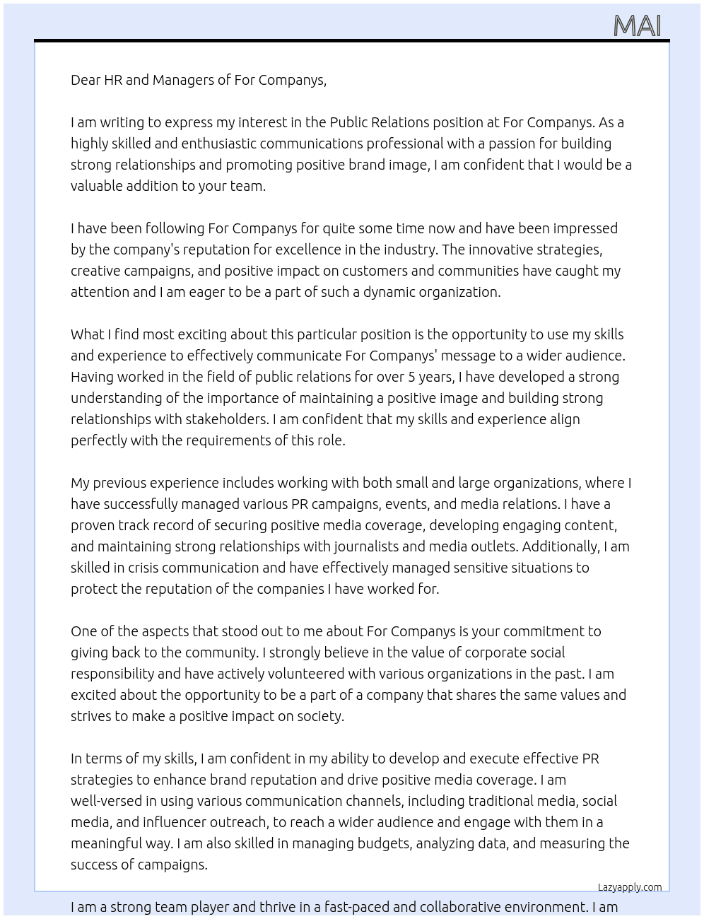 public relations  At for companys  Cover Letter