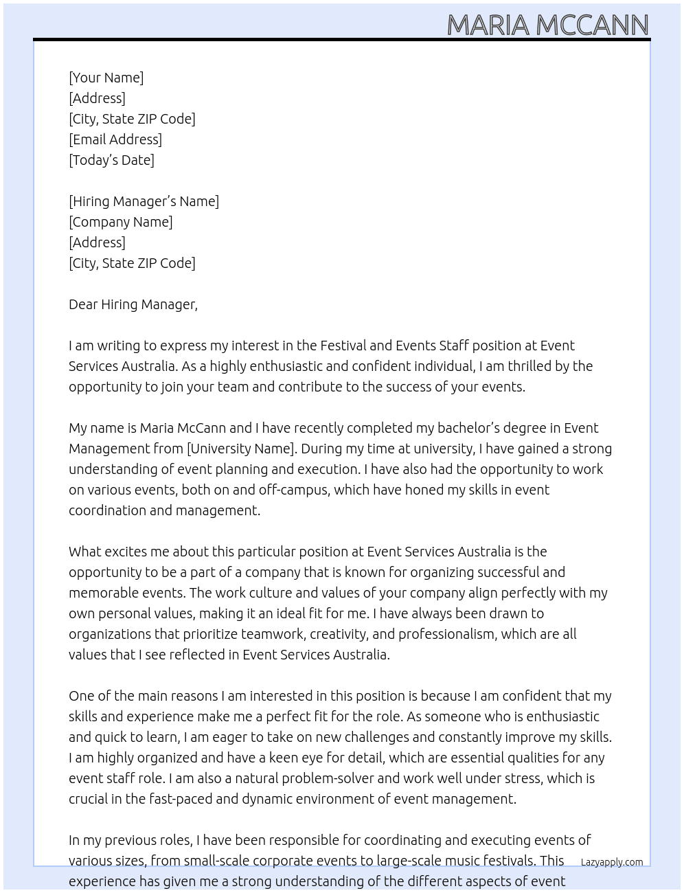 Festival and Events Staff At Event Services Australia Cover Letter