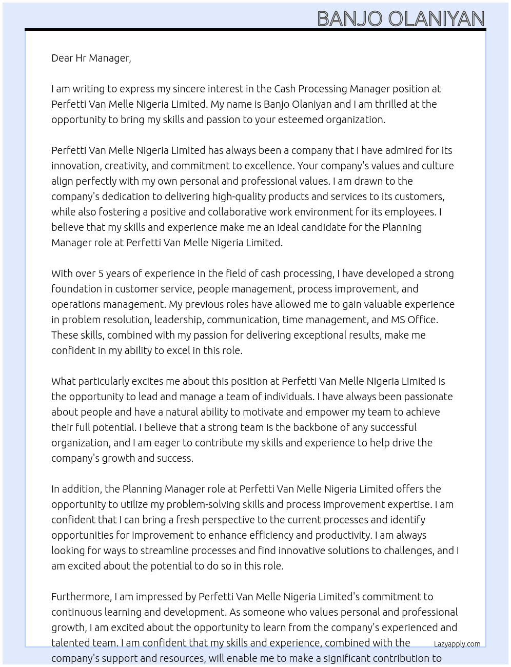 Cash Processing Manager At Perfetti Van Melle Nigeria Limited Cover Letter