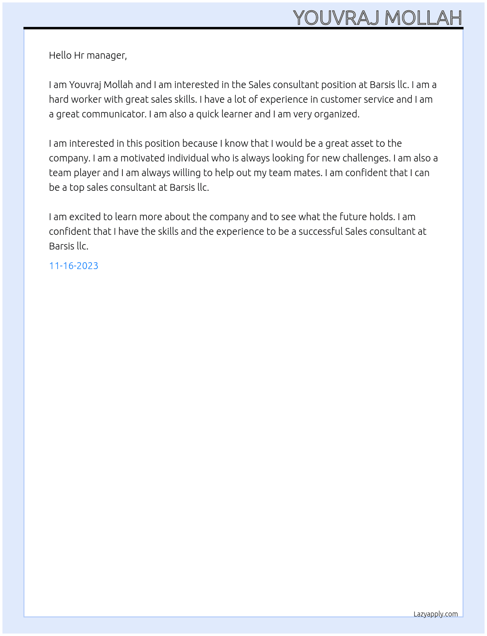 Sales consultant At Barsis llc Cover Letter