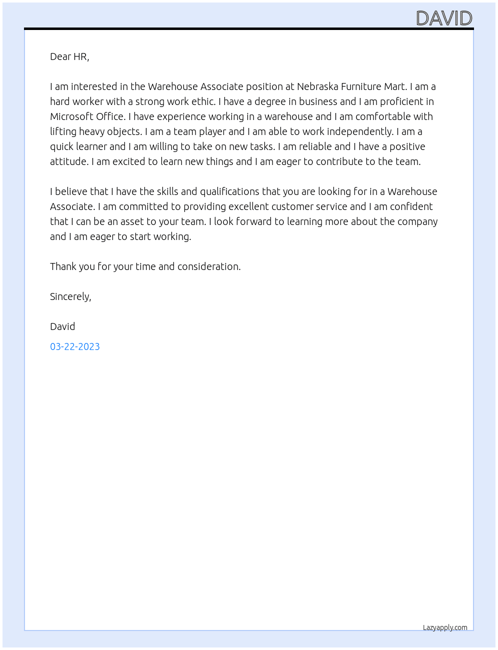 Warehouse Associate At Nebraska Furniture Mart Cover Letter