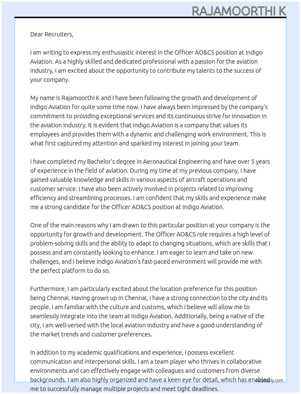Officer AO&CS At Indigo Aviation Cover Letter