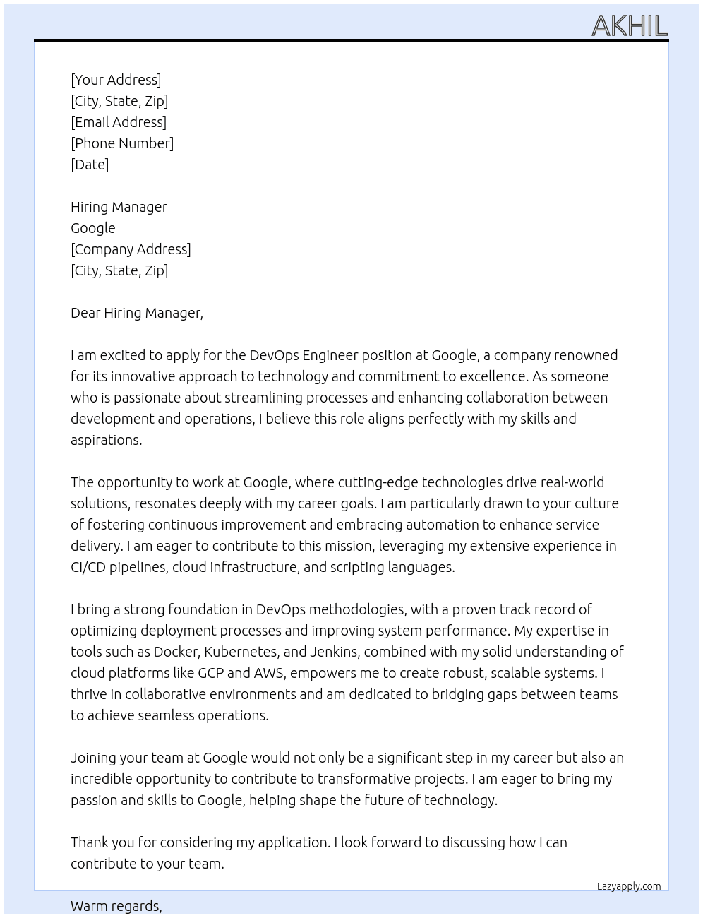 DevOps Engineer At Google Cover Letter