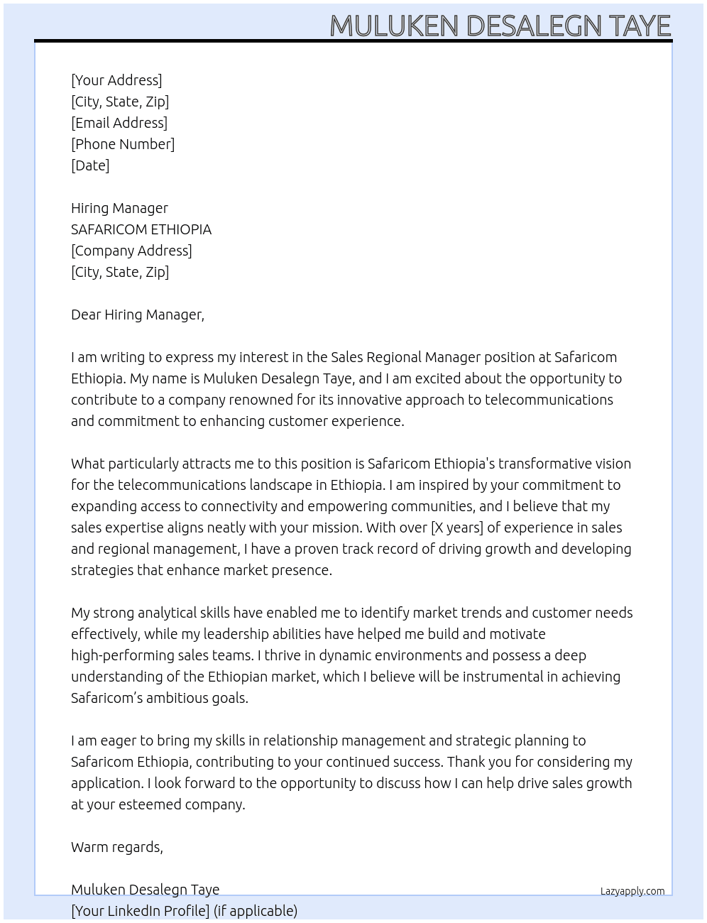 Sales regional mannager At SAFARICOM ETHIOPIA Cover Letter