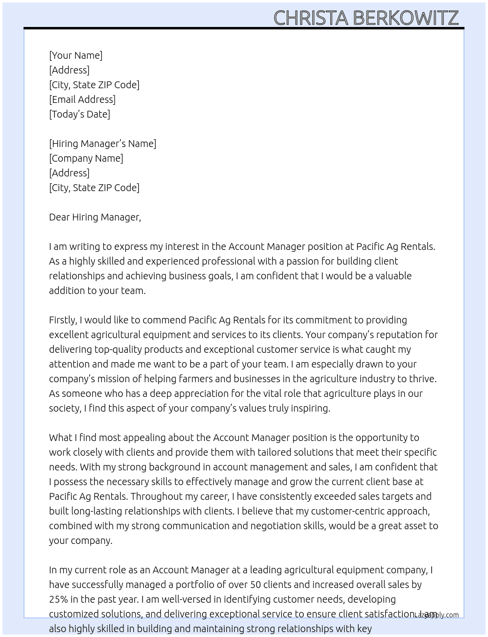 Account Manager  At Pacific Ag Rentals Cover Letter