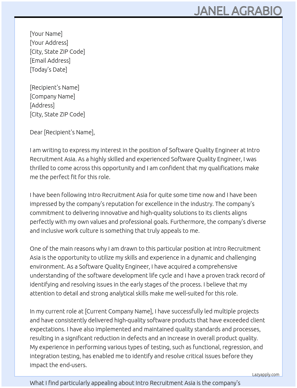Software Quality Engineer At Intro Recruitment Asia Cover Letter