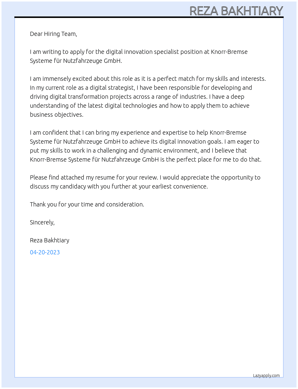 Digital Innovation Specialist At Knorr-Bremse Systeme für Nutzfahrzeuge GmbH Cover Letter