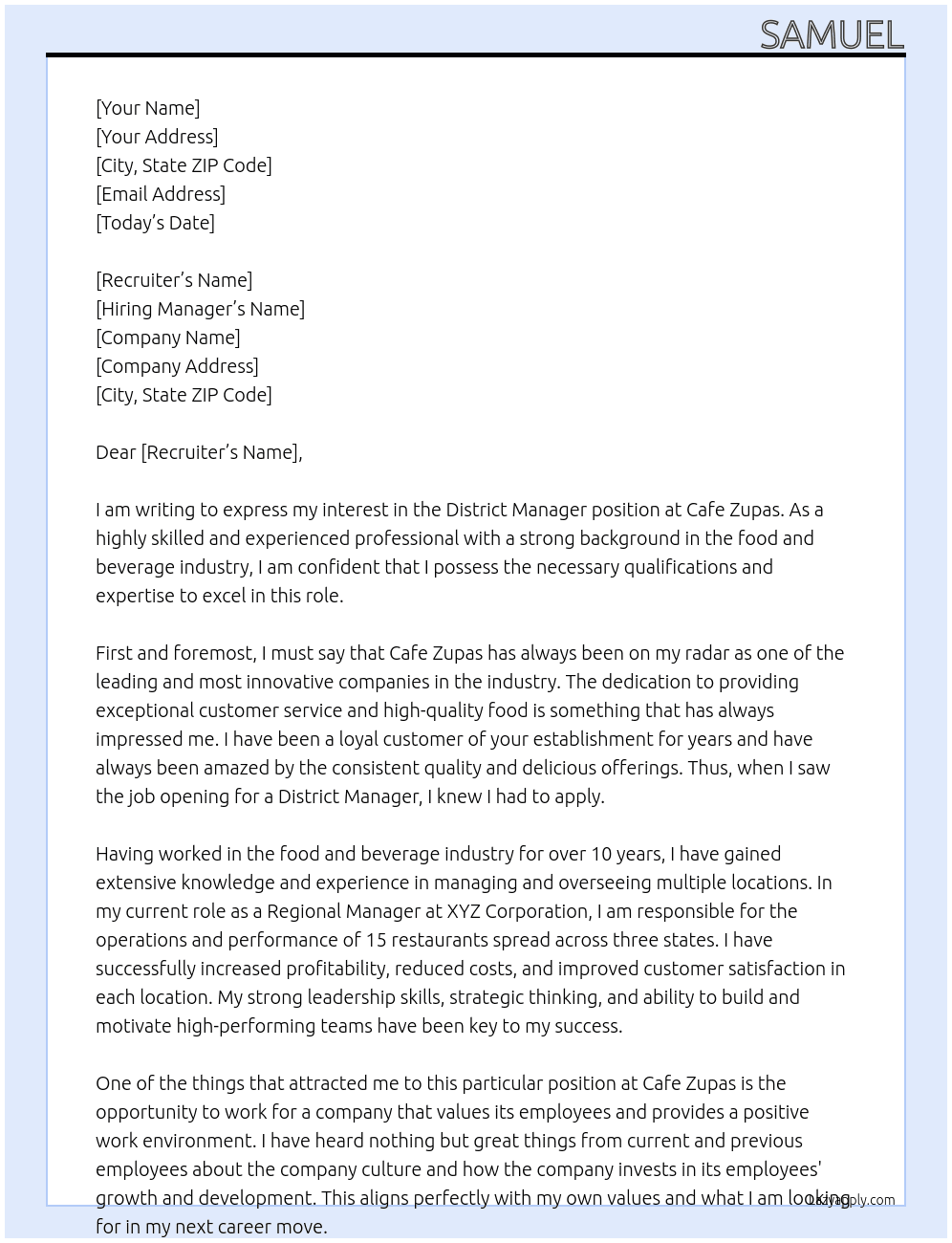 District manager At Cafe Zupas Cover Letter