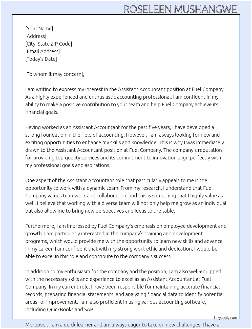 Assistant Accountant At Fuel company  Cover Letter