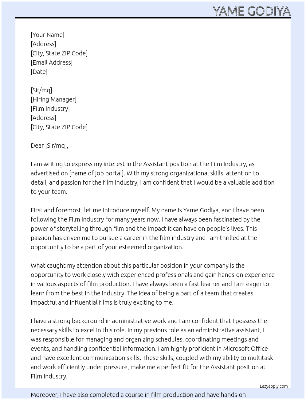 Assistant  At Film industry Cover Letter