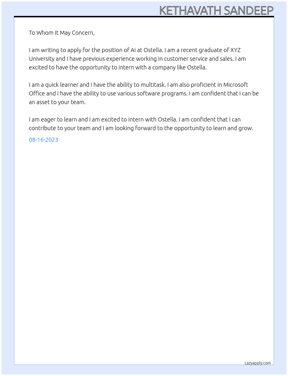 Ai At Ostella Cover Letter