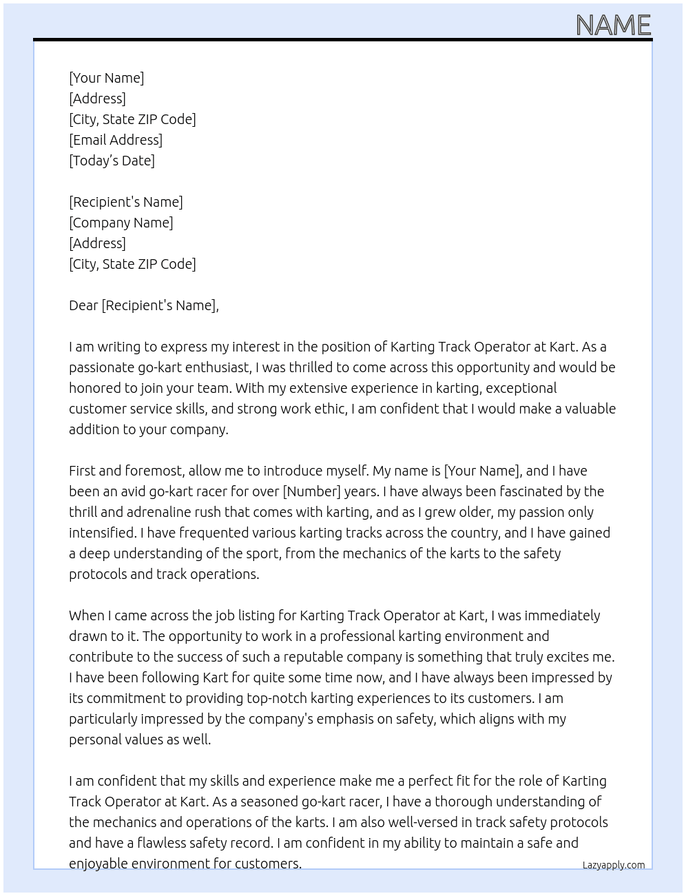 Karting track operato At Kart Cover Letter