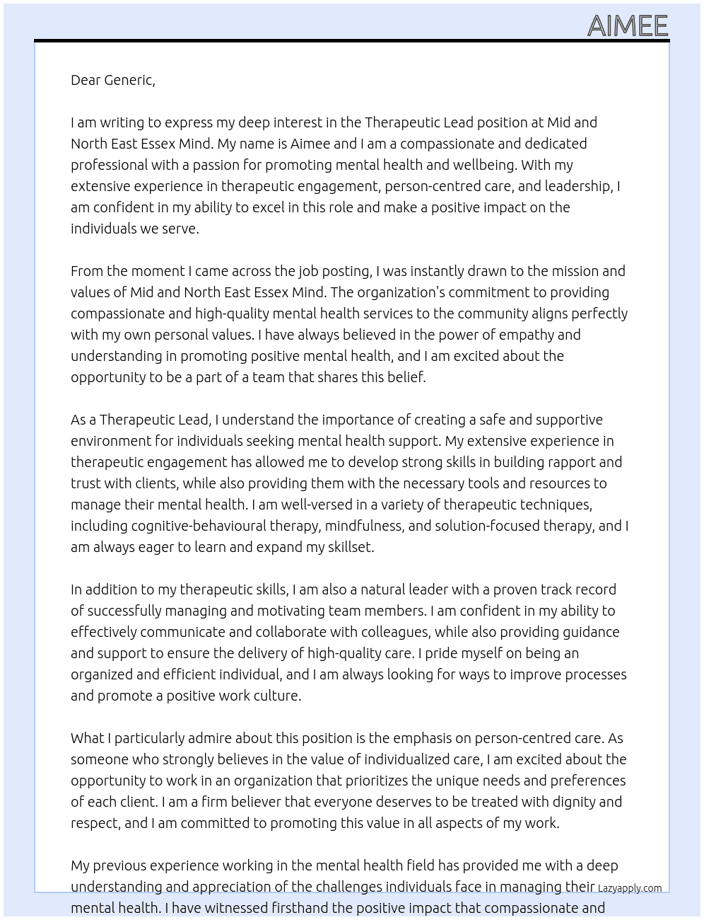 Therapeutic lead At Mid and north east Essex mind Cover Letter