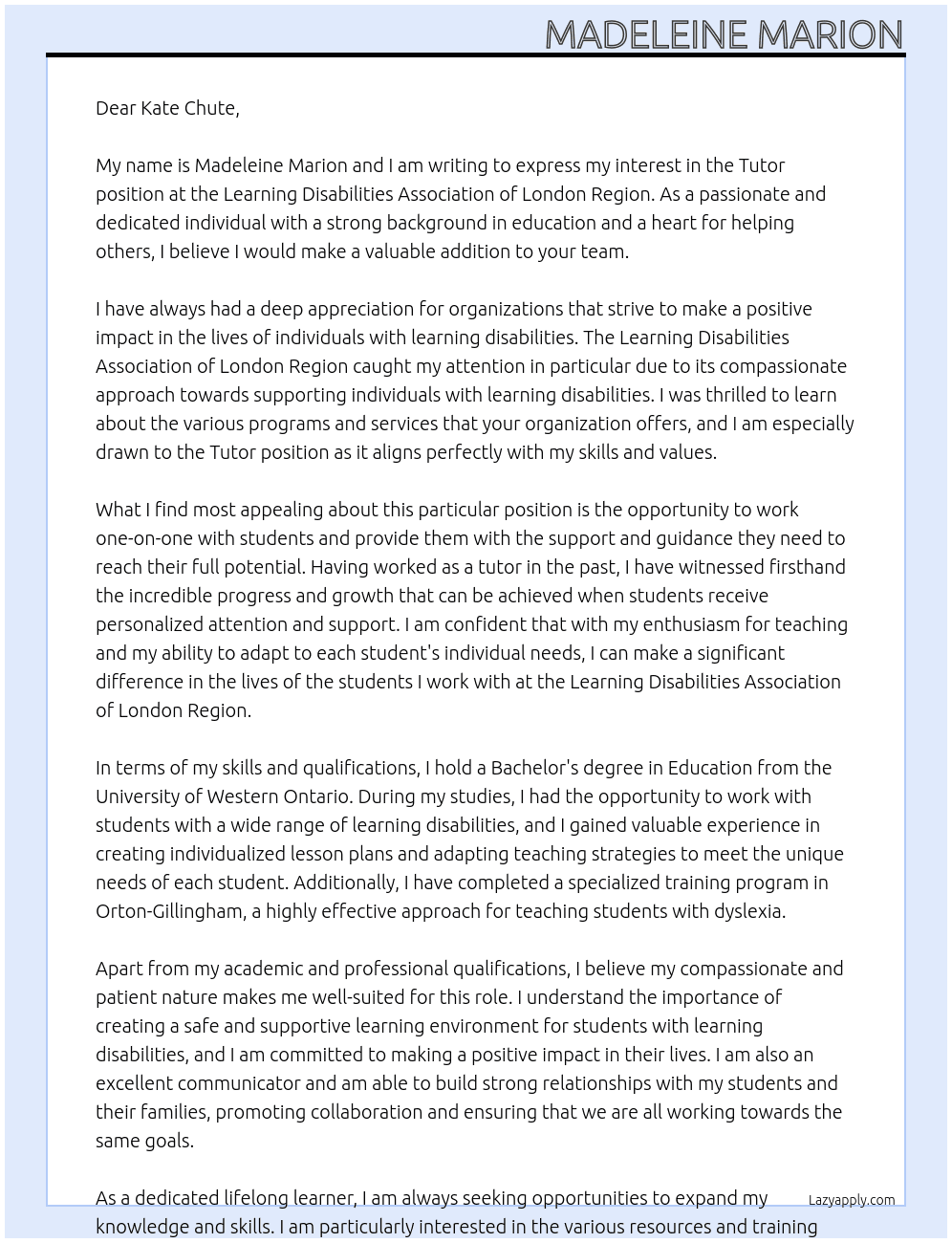 Tutor Position At Learning Disabilities Association of London Region Cover Letter