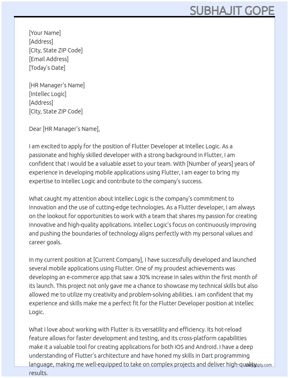Flutter developer At INTELLEC LOGIC Cover Letter