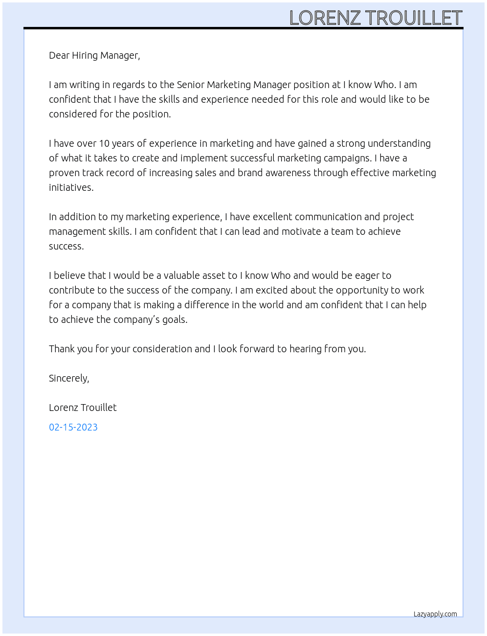 Senior Marketing Manager At I know Who Cover Letter