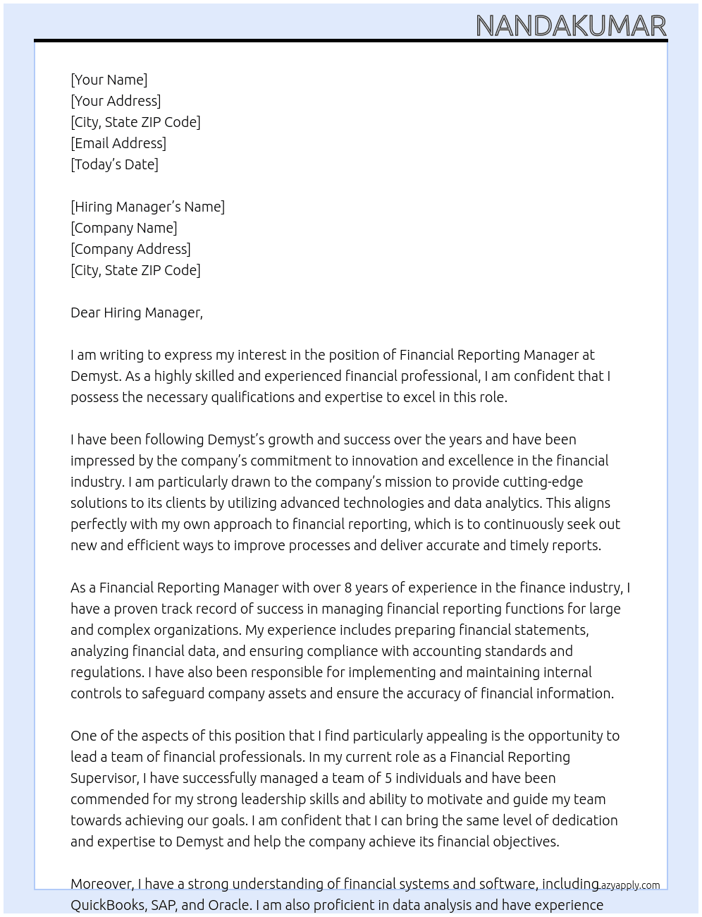 Financial reporting manager  At Demyst Cover Letter