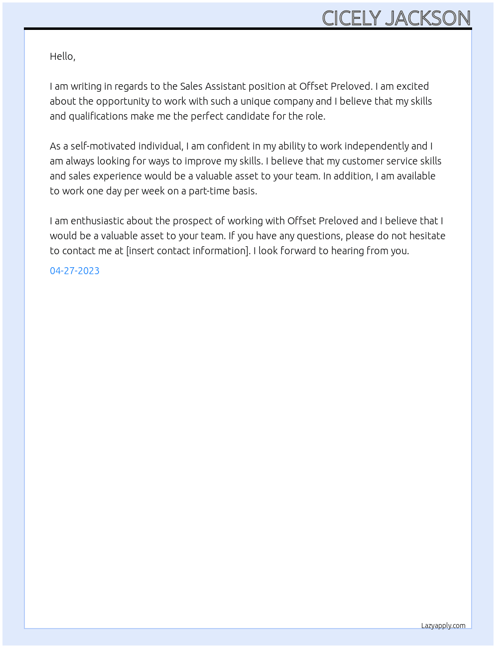 Sale assistant At Offset preloved Cover Letter