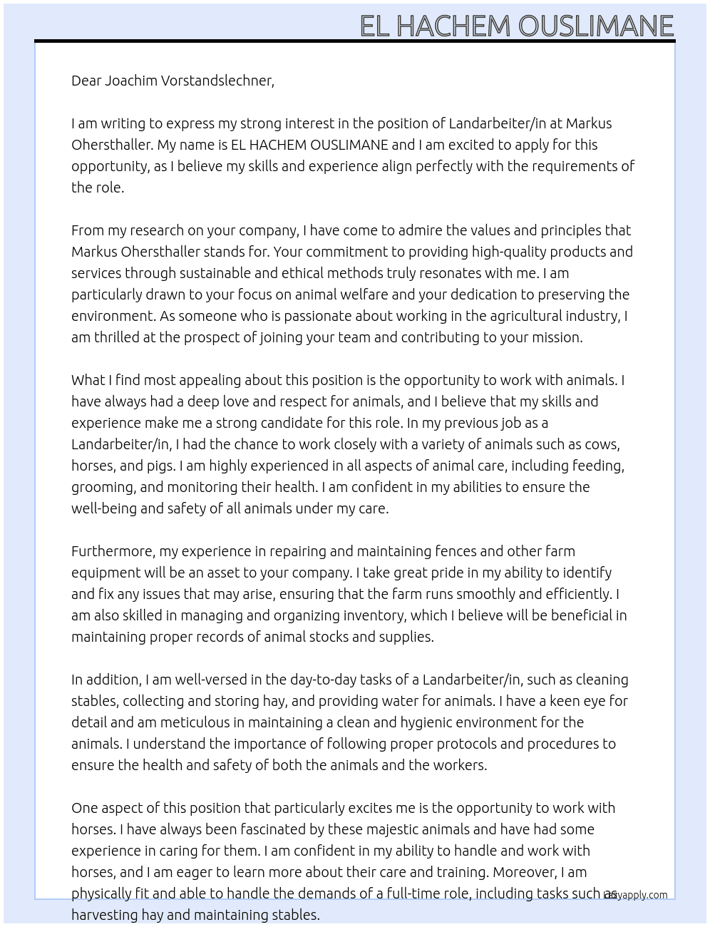 Landarbeiter/in At Markus Ohersthaller Cover Letter