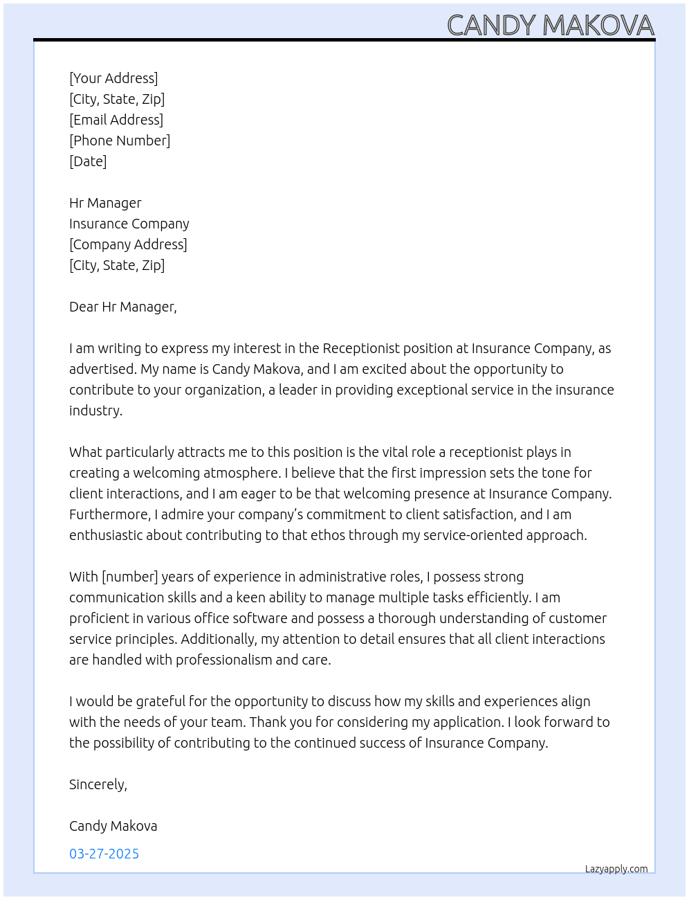 Receptionist At Insurance company Cover Letter