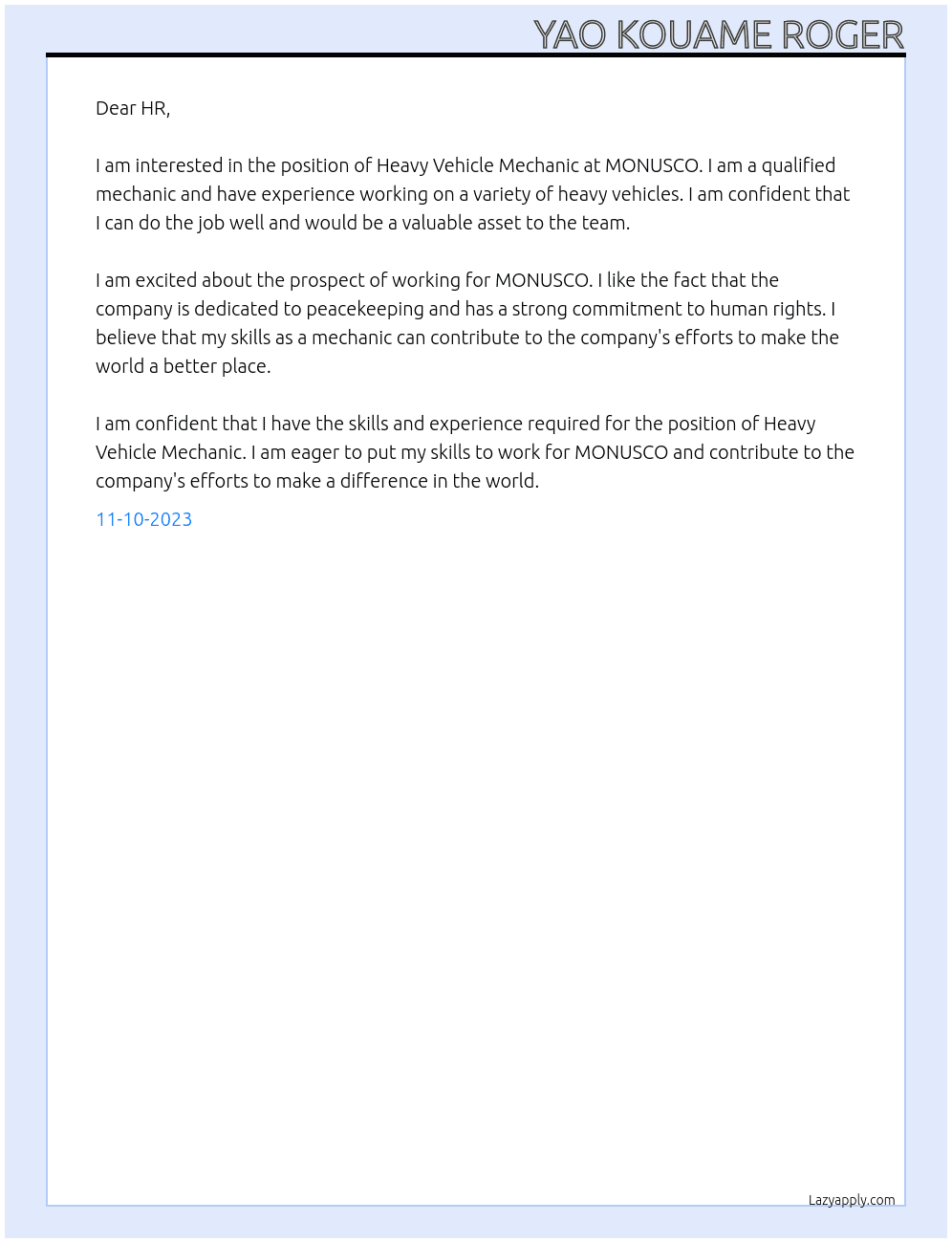 Heavy Vehicle Mechanic At MONUSCO Cover Letter