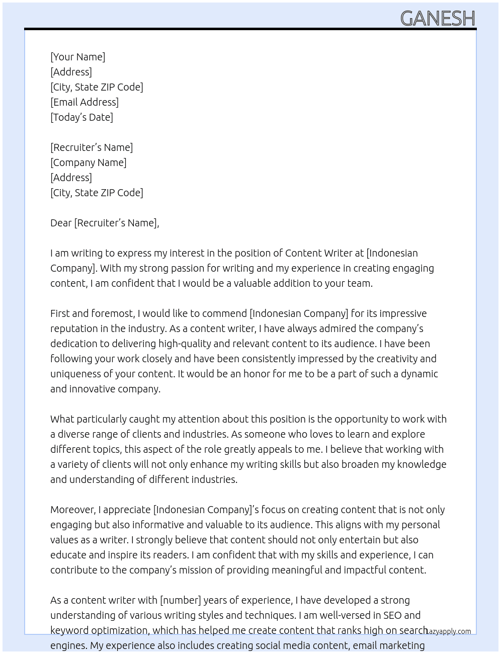 Content writing  At Indonesian company  Cover Letter