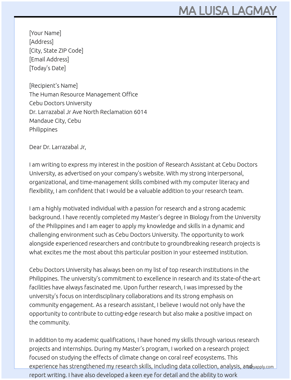 research assistant At cebu doctors university Cover Letter