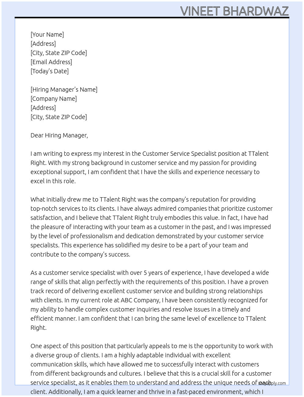Customer Service Specialist At TTalent Right Cover Letter