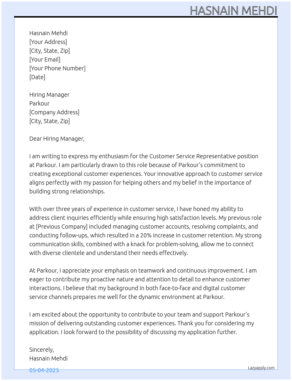 Customer Service Representative At Parkour Cover Letter