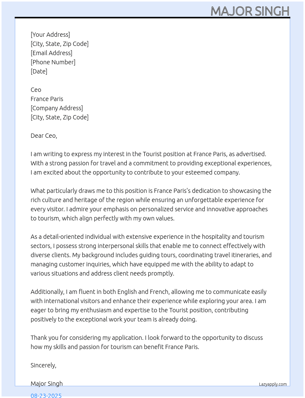 Turist At France paris Cover Letter
